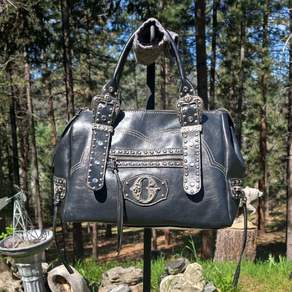 G by Guess Black Studded Satchel with Silver-Tone Accents